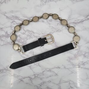 Fossil Vintage Italian Black Leather  and Silver Concho Coin Chain Women's Belt